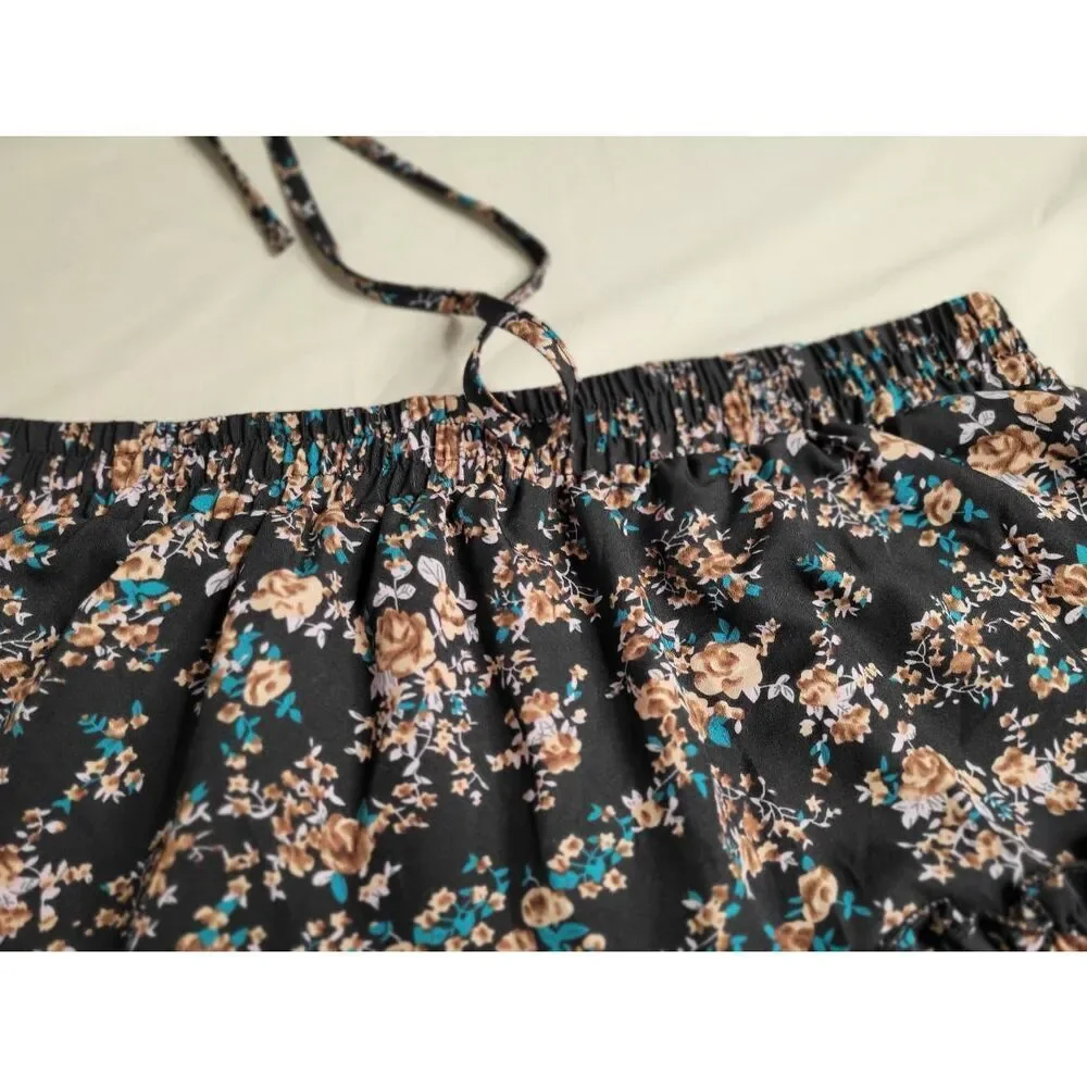 Boho cottage core floral country skirt flowers black gypsy medium women's clothi